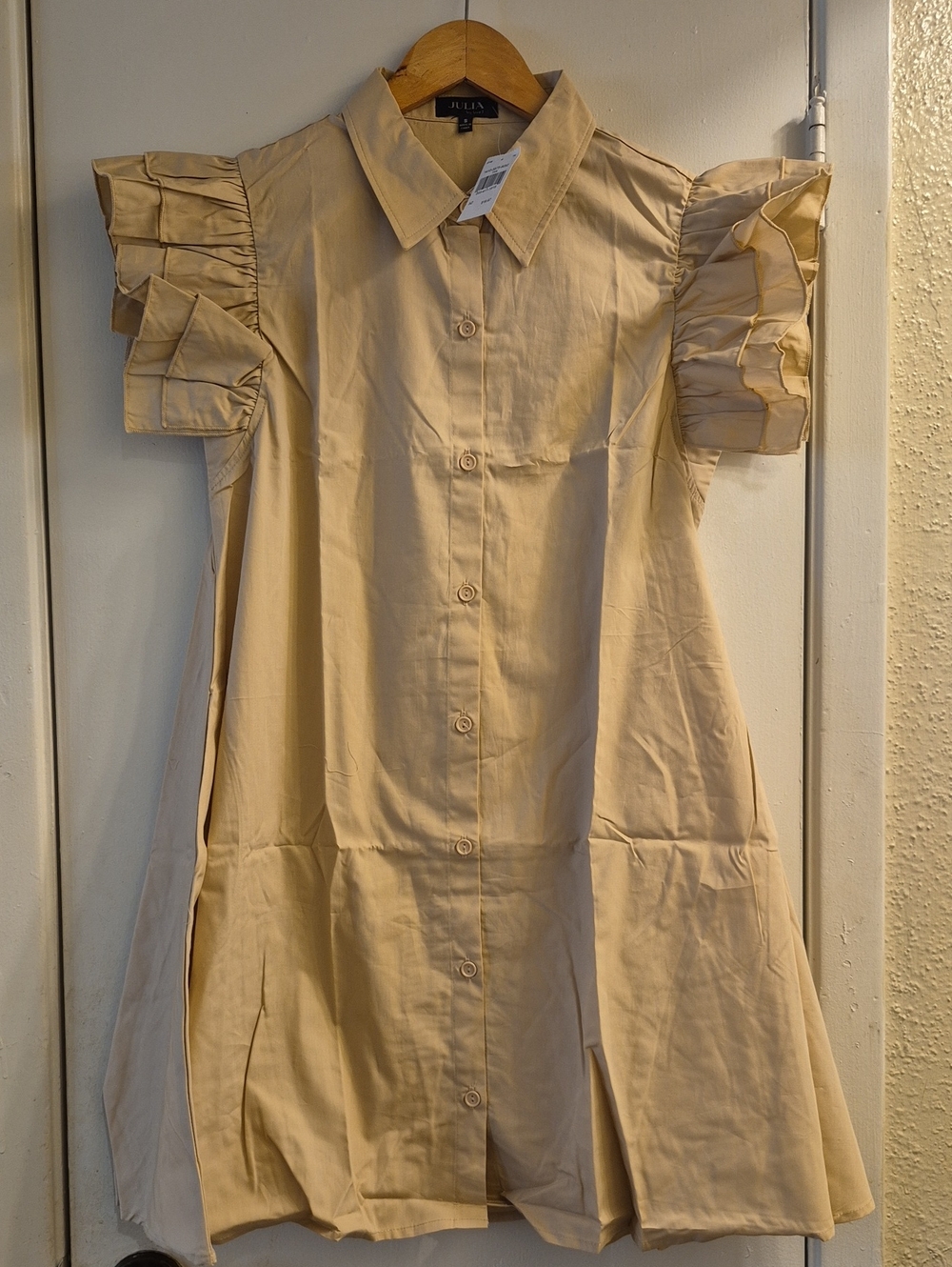 Beige Ruffle Sleeve Shirt Dress - Elegant Everyday Mini